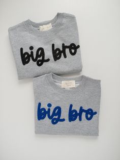 Ready To Ship big brother sweatshirt! This listing is for one grey 'big bro' sweatshirt. The text is created in navy or black felt and hand-stitched (as shown). The shirt cannot be changed or customized. ----- - DETAILS - This listing is for one size 4T, long-sleeve, grey hand-embroidered 'big bro' sweatshirt as shown. This sweatshirt is ready to ship and cannot be customized. Ready to ship shirts ship within 2 business days unless ordered with a custom item. - ADDITIONAL INFORMATION - The color Baby Announcement Shirt, Baby Announcement Shirts, Felt Name, Big Brother Shirt, Sibling Shirts, Brother Shirts, Mama Sweatshirt, Black Felt, Embroidered Sweatshirts