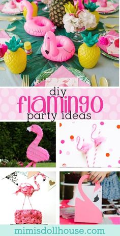 pink flamingo party ideas with pineapples on the table and other items for decoration