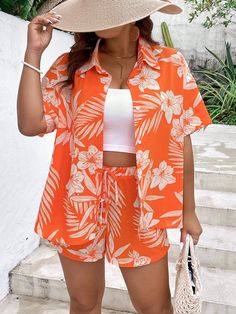 Orange Boho Collar Half Sleeve  Tropical  Embellished Non-Stretch  Women Plus Clothing 2 Pieces Outfits For Women Summer, Tropical Look Outfit, Orange Relaxed Fit Summer Sets, Orange Relaxed Fit Sets For Summer, Casual Orange Sets For Beach, Hawaiian Outfits Women, Tropical Shirt Outfit Women, Tropical Party Outfit Women, Beach Outfits For Curvy Women