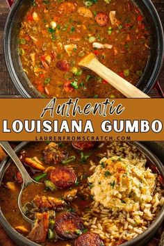 authentic louisiana gumbo recipe with sausage and rice in a large pot on a wooden table