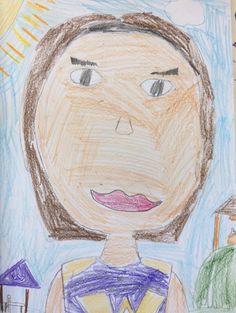 a child's drawing of a girl in front of a blue sky with clouds