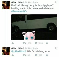 two tweets are shown in front of a white van and one has a pink cat's head on it