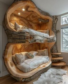 a bed made out of wood in a room