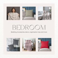 an advertisement for a bed room with pictures of pillows and blankets on the front cover