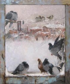 some birds are standing in front of a window with snow on the ground and buildings behind them