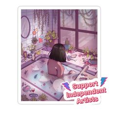 a sticker with the words support independent artists in front of a bathtub filled with plants