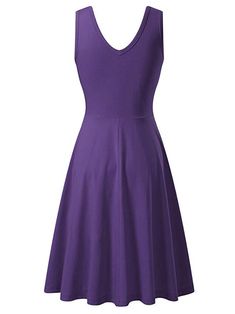 This knee length dress is a warm weather go-to. Made of a soft jersey material, it's stretchy and flattering, skimming over the body and flaring out into an a-line skater skirt. The fit and flare style is flattering a wide array of body types. The neckline is a flattering scoop neck, making it great for wearing on its own or for layering. Scoop neckline A-Line skater skirt Soft jersey material 65% cotton, 35% Polyester