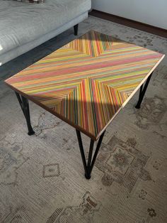 a coffee table sitting on top of a rug in a living room