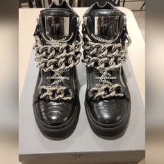 I Am Selling Rare Giuseppe Zanotti's. Worn Only Once So They Are Still In A Flawless Condition & Are 100% Authentic. These Shoes Are Real Eye Catchers. Size 43 Us Size 10. Comes With Box Luxury Silver Leather Sneakers, Designer Round Toe Sneakers For Party, Silver Leather Party Sneakers, Designer Party Sneakers With Round Toe, Designer Black Party Sneakers, Luxury Party Sneakers, Luxury High-top Sneakers For Party, Luxury High-top Party Sneakers, Designer Leather Party Sneakers