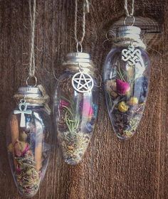 three glass jars filled with plants and other things hanging from strings on a wooden wall