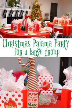 christmas pajama party for a large group with presents on the table and decorations