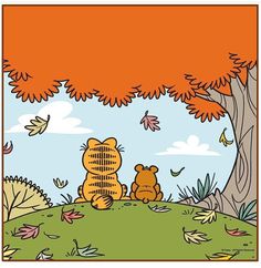 a cartoon bear sitting under a tree in the fall