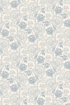 a blue and white wallpaper with flowers on it