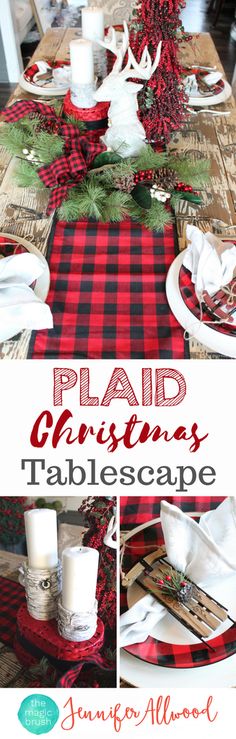 plaid christmas tablescape with candles and napkins