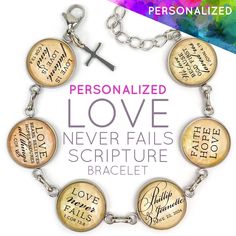 "Our personalized Love & Marriage glass charm bracelet is such a meaningful gift -- for a new bride, wedding anniversary, or just because. Makes a great bridal shower gift! This beautiful glass charm bracelet is personalized with their names and wedding date, and Scripture verses on love and marriage, on six neutral-colored glass charms: Love is patient, Love is kind -1 Corinthians 13:4 Love... bears, believes, hopes, endures all things. -1 Corinthians 13:7 Love never fails -1 Corinthians 13:8 F Inspirational Personalized Wedding Jewelry, Inspirational Adjustable Wedding Jewelry, Adjustable Spiritual Charm Bracelet For Wedding, Christian Charm Bracelet, Scripture Bracelet, Marriage Scripture, Scripture Jewelry, Custom Charm Bracelet, Love Is Patient Love Is Kind