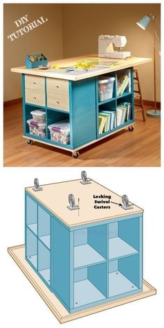 an image of a sewing table with shelves and drawers on it, next to a drawing of a sewing machine