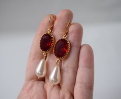 Ruby and Pearl Earrings Ruby Red Pearl Georgian Paste Glass - Etsy Beaded Bridal Jewelry, Ruby And Pearl, Red Pearl, Big Pearl, Bold Jewelry, Gold Pearl Earrings, Ruby Earrings, Ruby Jewelry, Red Earrings