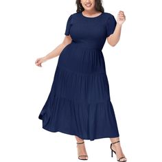 Introducing the Anna-Kaci Plus Size Casual Round Neck Flutter Short Sleeve Elastic Waist Smocked Maxi Dress a delightful blend of comfort, style, and versatility. This maxi dress is crafted from a soft and breathable fabric, providing a skin-friendly and enjoyable wearing experience. With its stretchy and durable material, adorned with ruched details and a relaxed fit, this maxi dress is perfect for your daily wear. Royal Blue Maxi Dress, Smocked Maxi Dress, Maxi Dress Plus Size, Blue Maxi Dress, Plus Size Maxi Dresses, Tier Skirt, Maxi Wrap Dress, Casual Summer Dresses, Faux Wrap Dress