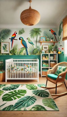 a baby's room decorated with tropical wallpaper and palm leaves on the walls