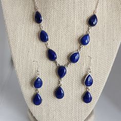 Handmade all natural lapis lazuli necklace and earring set in 925 sterling silver.      The Lapis Lazuli properties are known for opening the third eye chakra, the center of intuition and inner wisdom. By enhancing your ability to turn inward and uncover your truth, the energy of the Lapis Lazuli crystal  meaning can support anyone ready to step into their power and authentic self. Lapis Lazuli Dangle Jewelry As A Gift, Lapis Lazuli Dangle Jewelry For Gift, Bohemian Lapis Lazuli Teardrop Jewelry, Silver Jewelry With Natural Sodalite Stones, Silver Sodalite Jewelry With Natural Stones, Handmade Spiritual Lapis Lazuli Jewelry, Sapphire Lapis Lazuli Gemstone Jewelry, Lapis Lazuli Jewelry With Matching Earrings For Gift, Sapphire Gemstone Jewelry In Lapis Lazuli