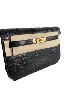 Hermès Kelly Depeche 25 Black Alligator Mississippiensis With Silver Hardware Timeless Black Bag With Crocodile Pattern, Kelly Depeche 25, Black Alligator, The Bag, Black Bag, Silver Hardware, Travel Essentials, Full Set, Alligator