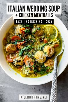 italian wedding soup with chicken meatballs and vegetables in a white bowl next to a spoon