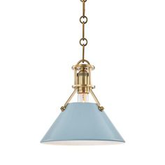 a brass and blue pendant light hanging from a ceiling fixture with an open chain on the end