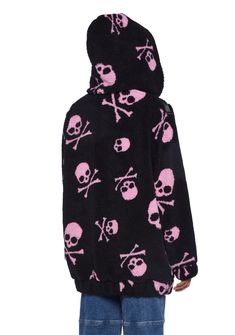 cuz you can be warm AND chilling at the same time. Spook it up in this sherpa jacket that has a cozy hood, a zipper closure, pockets on the front, and a skull and crossbones print all over. Cozy Fit Outerwear With Adjustable Hood For Loungewear, Cozy Hooded Jacket With Adjustable Hood For Loungewear, Winter Hooded Jacket With Fleece Lining For Loungewear, Winter Loungewear Hooded Jacket With Fleece Lining, Winter Fleece-lined Hooded Jacket For Loungewear, Black Hooded Sherpa Fleece Jacket, Black Cozy Hooded Jacket With Fleece Lining, Cozy Hoodie With Faux Fur Lining For Cold Weather, Cozy Hooded Outerwear For Loungewear