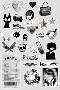 Sticker Art Black And White, Print Stickers Black And White, Acubi Stickers Printable, Scrapbook Printables Black And White, Sticker Sheets Free Printable Aesthetic, Acubi Stickers, Acubi Prints, Notebook Stickers Aesthetic, Sticker Ideas Black And White