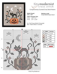 a cross stitch pattern with a pumpkin and bats on it, in the shape of a spider