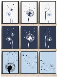 six dandelions in blue and white are featured on this set of eight prints