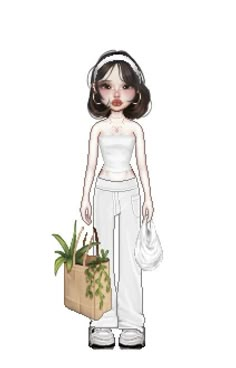 a drawing of a woman with headphones holding a shopping bag and a handbag