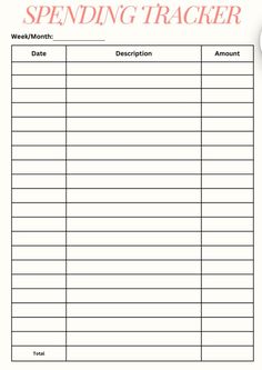 a printable spending tracker with the words spending tracker written in red and white on it