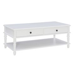 a white coffee table with two drawers