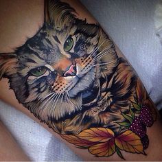 a close up of a cat on a person's leg with leaves around it