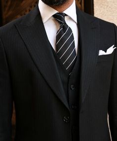 Black Pinstripe Suit Men, Pinstripe Outfit, Three Piece Suit Mens, Black Three Piece Suit, 3 Piece Suit Men, Graduation Suit, Fits For Guys, Black Tie Dress Code, White Wedding Suit