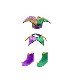 This year take the party to the next level with this Colorful Mardi Gras Jester Set. Each set features shiny Lame` material in gold, purple, and green accented with gold bells. Each hat fits about 60 cm and stands about 6 inches tall. Each jester point is about 9 inches from center to tip of bell. The matching collar has an inner diameter of 5.5 inches, with connecting hook and loop fastener on each end. 6 points with alternating colors and accenting bells, each point is about 7 inches long. Com Office Costumes, Medieval Jester, Mardi Gras Jester, Mardi Gras Hats, Jester Clown, Clown Hat, Halloween Office, Court Jester, Jester Hat