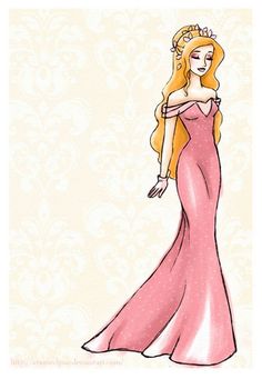 a drawing of a woman in a pink dress with long hair wearing a tiara