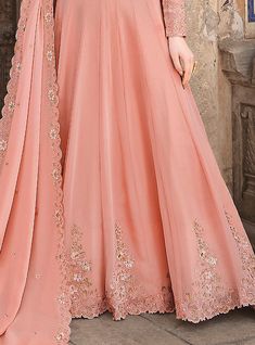 Salmon Peach Designer Embroidered Party Wear Anarkali Suit-Saira's Boutique Party Wear Anarkali, Peach Color Dress, Salmon Peach, Resham Embroidery, Peach Fabric, Embroidery Beads, Zari Embroidery, Shades Of Peach, Pakistani Fancy Dresses