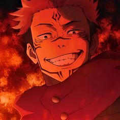 an anime character is smiling in front of some fire and flames with his eyes wide open