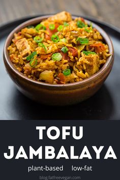 tofu jambaalaya in a brown bowl on a black plate with text overlay