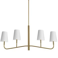 a brass chandelier with three white lamps