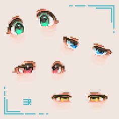 pixel art eyes with different shapes and colors on the screen, including one green eye