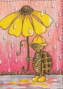 a drawing of a tortoise holding an umbrella with raindrops on it