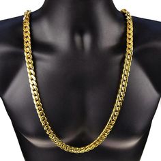 Men's 33" inch long x 13 mm wide Cuban link hip hop chain necklace. Boasts a dazzling 14k yellow gold plated finish over thick alloy metal core. Chunky cuban chain weighs a hefty 205 grams - has a premium feel. 33" chain is a great length for most men. Features a super stylish box clasp closure. Made in Korea for a solid quality chain necklace that is sure to please. Enjoy 100% FREE SHIPPING in the USA.