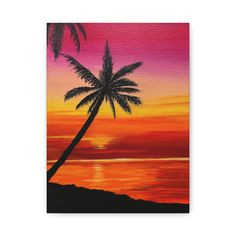 an acrylic painting of a palm tree in front of a colorful sunset on the ocean