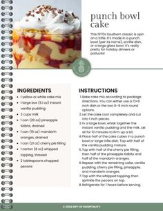 the recipe book is open to show instructions for how to make a punch bowl cake