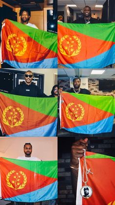 four men holding up flags with the colors of their respective country and one man wearing sunglasses