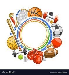 various sports items arranged in the shape of a circle with space for text or image