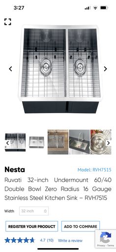 an advertisement for a double bowl stainless steel kitchen sink with the words nest on it